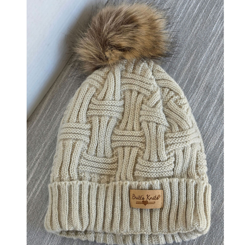 Britt's Knits Classics Plush Knit Beanie Oatmeal Basketweave Soft Fur Pom Cozy